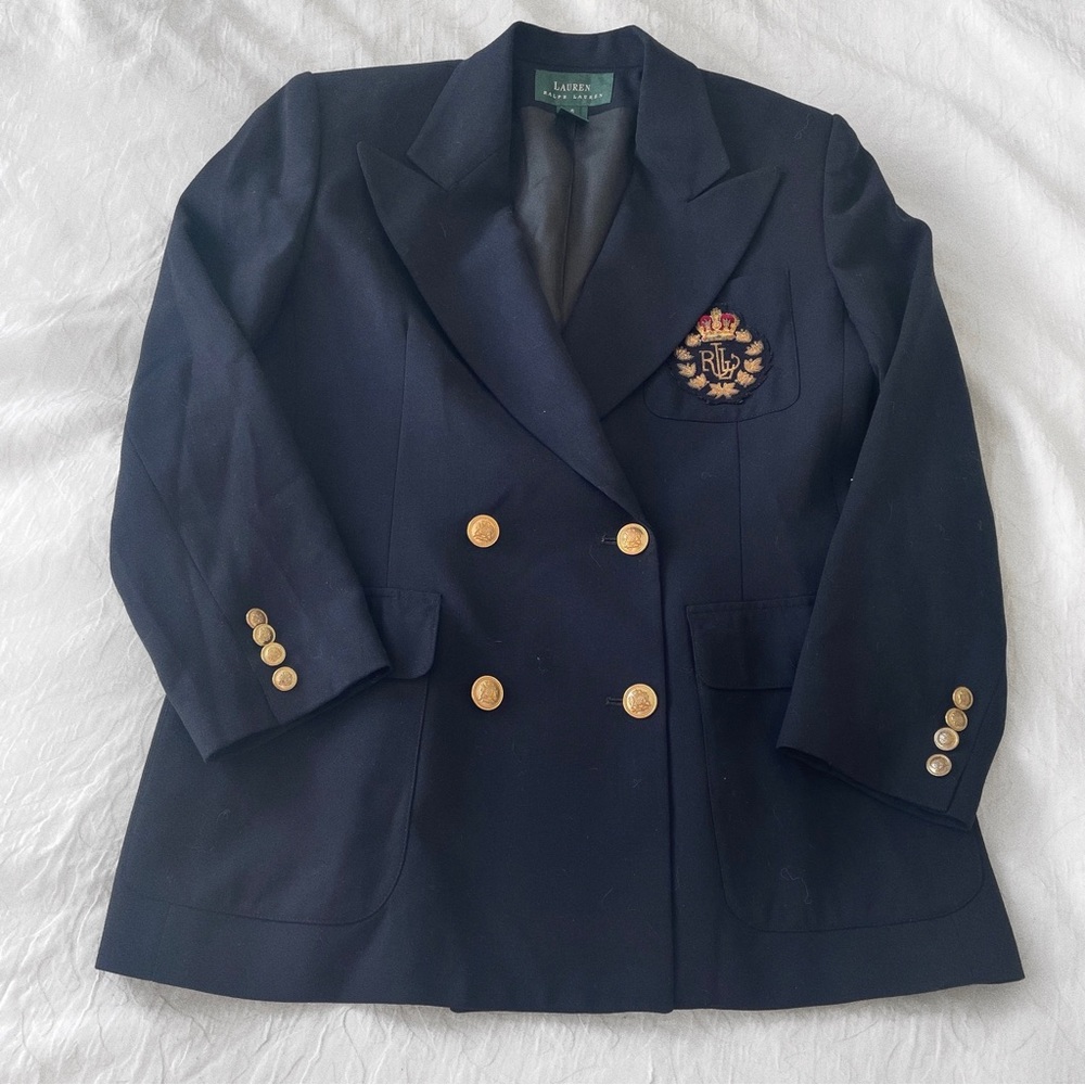 Lauren Ralph Lauren Navy Worsted Wool Double Breasted Blazer w/ Chest Crest Logo